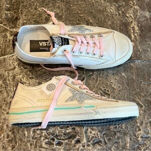 Golden Goose White Sneakers with Pink and Silver Accents